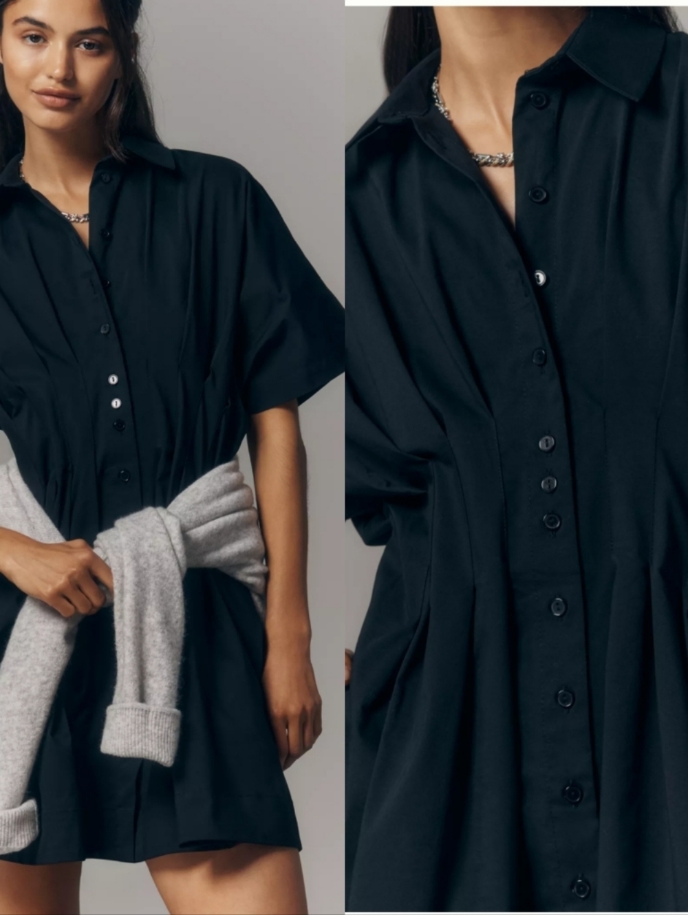 Anthro Exquise Tobie Button Up Pintuck Kimono Sleeve Fit & Flare Shirt Dress - Picture 2 of 14